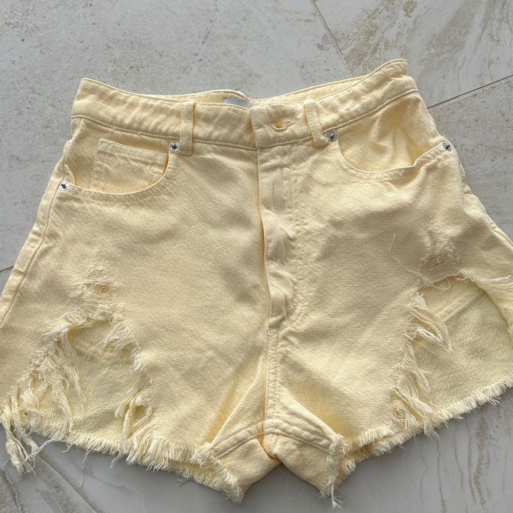 Zara Light Yellow Distressed Jean Shorts